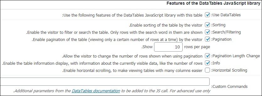 Features of the Data Tables JavaScript library